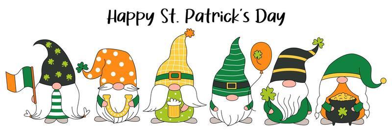 St. Patrick's Day Irish gnomes with clover for good luck. Set cute gnomes. Vector cartoon Leprechauns illustration for cards, decor, shirt design, banner, invitation to the pub.