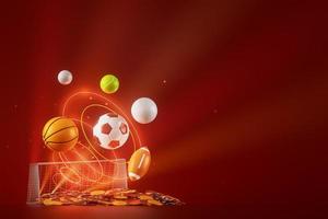 3d sport rendering. background for a sports game. 3d illustration. realistic abstract backdrop. ball object. copy space. tennis soccer basketball golf rugby volleyball elements. neon concept design. photo