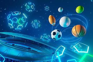 3d sport rendering. background for a sports game. 3d illustration. realistic abstract backdrop. ball object. copy space. tennis soccer basketball golf rugby volleyball elements. neon concept design. photo