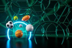 3d sport rendering. background for a sports game. 3d illustration. realistic abstract backdrop. ball object. copy space. tennis soccer basketball golf rugby volleyball elements. neon concept design. photo