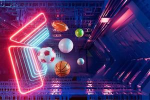 Representación deportiva en 3D. fondo para un juego de deportes. ilustración 3d telón de fondo abstracto realista. objeto de bola copie el espacio tenis fútbol baloncesto golf rugby voleibol elementos. diseño de concepto de neón. foto