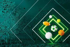 3d sport rendering. background for a sports game. 3d illustration. realistic abstract backdrop. ball object. copy space. tennis soccer basketball golf rugby volleyball elements. neon concept design. photo