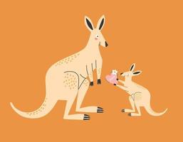 Baby kangaroo gives mom a heart, mother's day vector illustration.