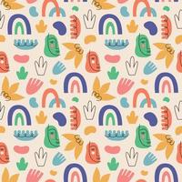 Abstract seamless pattern of multi-colored doodles, faces and plants, hand drawn vector background.