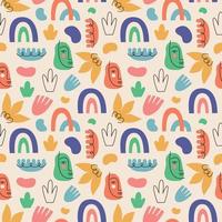 Abstract seamless pattern of multi-colored doodles, faces and plants, hand drawn vector background.