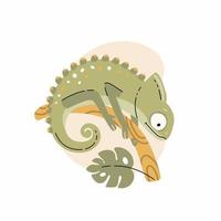 Green chameleon on a tree branch, flat style vector illustration.