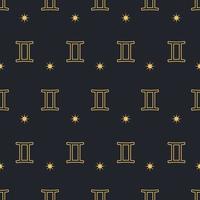 Vector Gemini seamless gold pattern. Repeating Zodiac sign with stars on a black background
