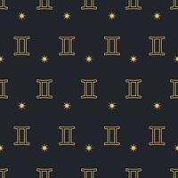 Vector Gemini seamless gold pattern. Repeating Zodiac sign with stars on a black background