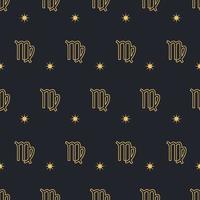 Vector Virgo seamless gold pattern. Repeating Zodiac sign with stars on a black background