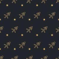 Vector Sagittarius seamless gold pattern. Repeating zodiac signs with stars on a black background