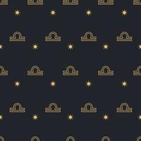 Vector Libra seamless gold pattern. Repeating zodiac sign with stars on a black background