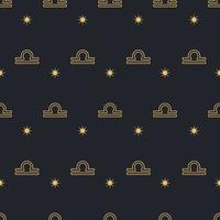 Vector Libra seamless gold pattern. Repeating zodiac sign with stars on a black background