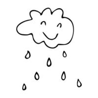 Vector doodle smiling cloud with drops of rain. Isolated simple picture on white background