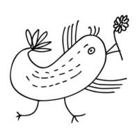 Isolated vector doodle bird with flower. Unproportional linear handdrawn bird, kids simple style