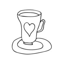 Vector doodle cup with saucer. Isolated outline tea cup with heart