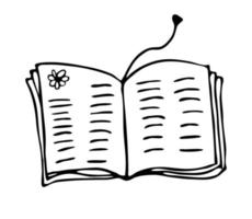 Vector doodle opened book with bookmark. Isolated linear picture of textbook on white background