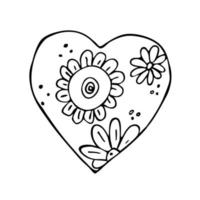 Vector doodle heart with sunflower and chamomile inside. Isolated linear floral heart on white background