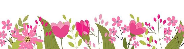 Horizontal white banner or floral backdrop decorated with pink blooming flowers and leaves border. vector