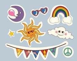 Vector illustration in groovy retro psychedelic style. Set of icons or stickers with sun, moon, cloud, star, rainbow, heart-shaped sunglasses, garland and pacifica symbol