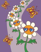 Vector illustration in groovy retro psychedelic style with dancing flowers and butterflies