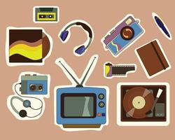 Vector retro style stickers set with various vintage objects. Vinyl record player, photo camera, TV set, cassette player etc