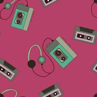 Vector seamless pattern with vintage cassette players and cassettes. Background, texture, wallpaper, textile or paper print