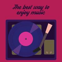 Retro style vector illustration with a vintage vinyl records player and text  The best way to enjoy music. Magenta background.