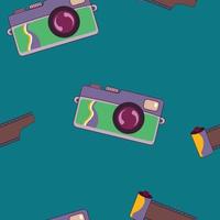 Vector retro style seamless pattern with vintage photo cameras. Background, wallpaper, banner, paper or textile print