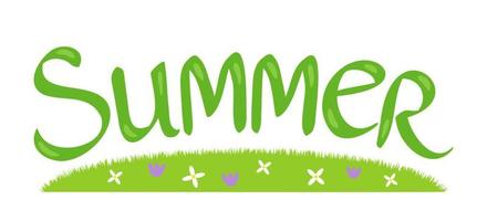 Vector lettering of summer with grass and flowers on isolated background.