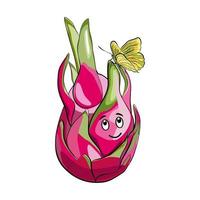 Dragonfruit character design with funny face and butterfly vector