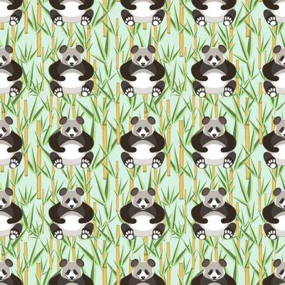 Seamless pattern with pandas and bamboo leaves
