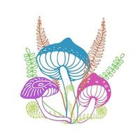 Magical forest mushrooms art print. Three mushrooms with ferns and forest grass isolated on white background. Hand drawn vector illustration.