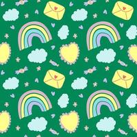 Rainbow, clouds, candies, envelope, heart, flowers colorful seamless pattern on green background. Vector illustration. Perfect for baby bedding, clothes, background, wrapping paper.