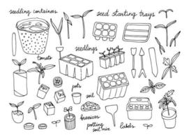 Seed starting set that includes different trays, pots, containers, seedlings, sprouts, labels and some tools. Gardening essential kit for growing seedlings at home. Vector illustration.