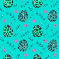 Seamless pattern with eggs and floral elements. Fresh mint green hand drawn vector pattern inspired by spring. Great for wrapping paper, textiles, stationery.
