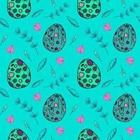 Seamless pattern with eggs and floral elements. Fresh mint green hand drawn vector pattern inspired by spring. Great for wrapping paper, textiles, stationery.