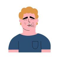 A man suffers from a toothache. Man with caries, cracked tooth. Vector hand drawn illustration