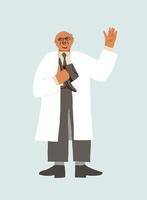 Happy smiling doctor in white rope and a costume greeting and taking off the hat from the head. Old school doctor character on light background. Vector illustration