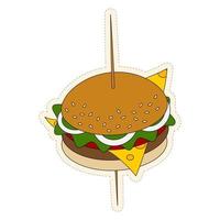 Appetizing Hamburger on a skewer with cheese, onion, tomato and lettuce. Sticker. Happy burger day. vector