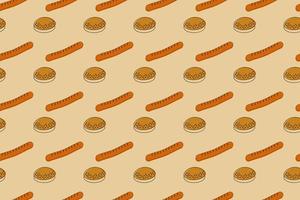 Bun with sesame seeds and sausage are the main elements of hotdog in a seamless pattern. Fast food vector