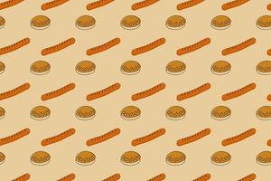 Bun with sesame seeds and sausage are the main elements of hotdog in a seamless pattern. Fast food vector