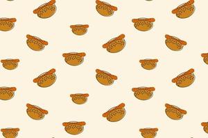 Seamless Pattern of classic hot dog consisting of a bun with sesame seeds and sausage in trendy hues vector