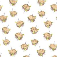 Endless pattern of Outline image of a hamburger on a skewer with spots in trendy hues. Hamburger day vector