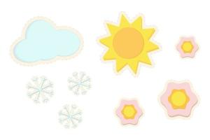 Set of 3D stickers from the sun with different sizes of flowers and cloud with snowflakes. Sticker vector