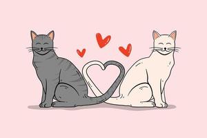 Valentine cat couple. Cat couple in love shape heart tails. Vector Illustration couple cat fall in love in valentine day.