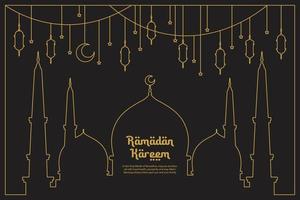 Ramadan kareem, vector celebration of holy month of ramadan line art style with hanging lantern for banner, flayer poster and greeting card