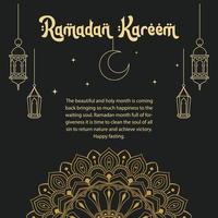 Ramadan Kareem greeting card with arabic lanterns and crescent. Vector illustration