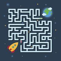 Educational rocket flight, space maze puzzle for kids. Find the way trough labyrinth game vector