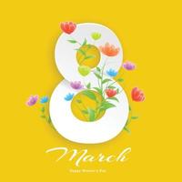 International Women's Day Celebration Background 8 March Number 8 Paper Cut Style Art There are colorful flowers around the numbers. on the yellow background For posters, brochures, banners, websites. vector