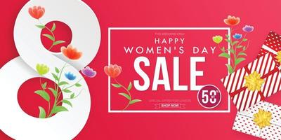 March 8 happy mother's day paper cut number eight with gift box and flower holiday sale banner set concept. 50 percent discount. Vector illustration